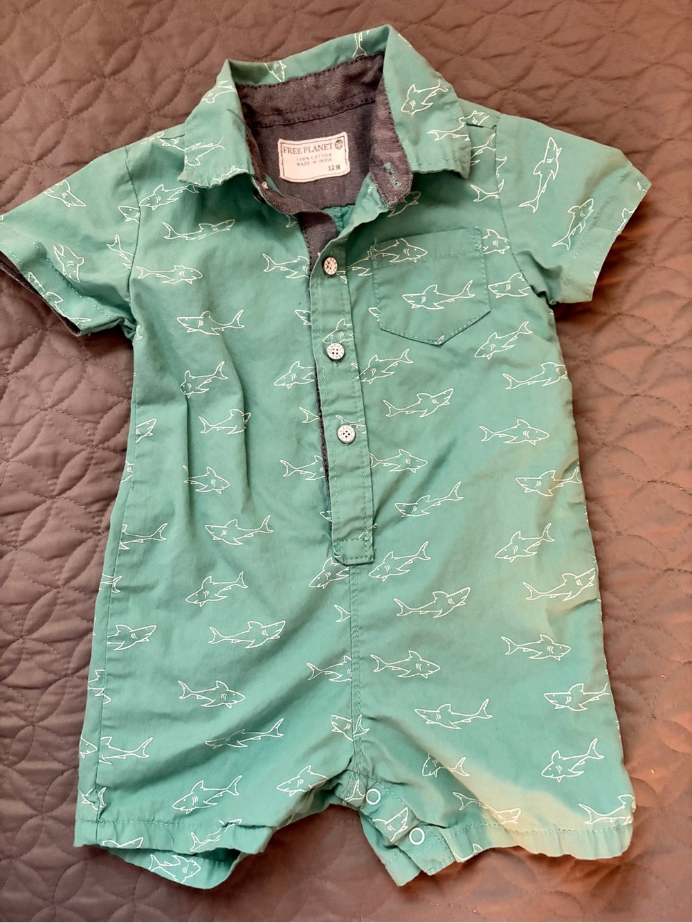 Free Planet Teal and White Collared Button-Up Baby Romper with Shark Trim